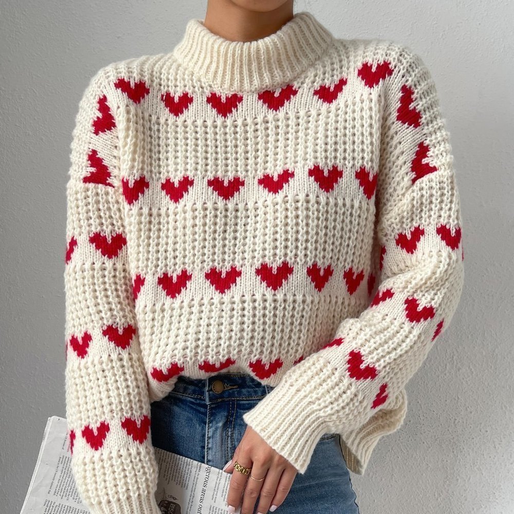 White Beige Casual Womens Heart Pattern Drop Shoulder Sweater - Picture 5 of 5